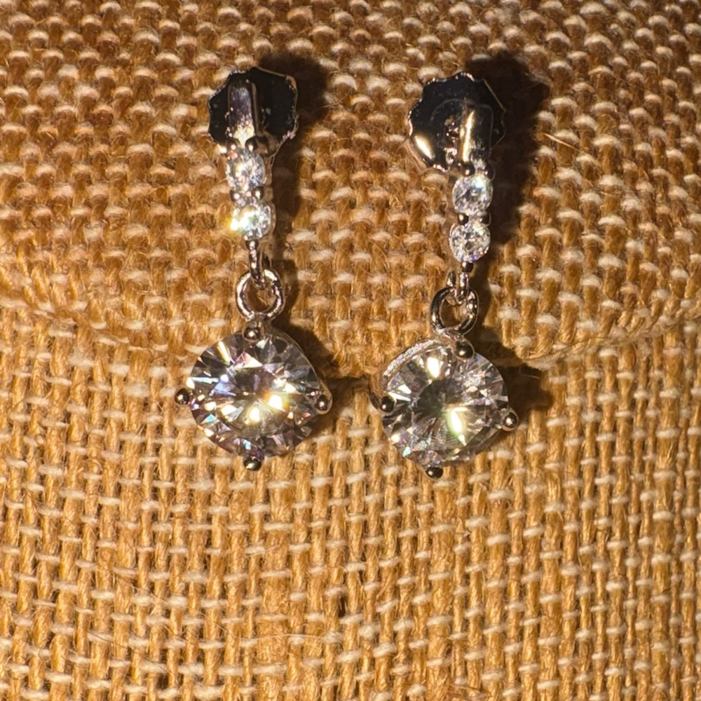 Solid Sterling Silver Moissanite Drop Earrings One Carat Each - Picture 9 of 9